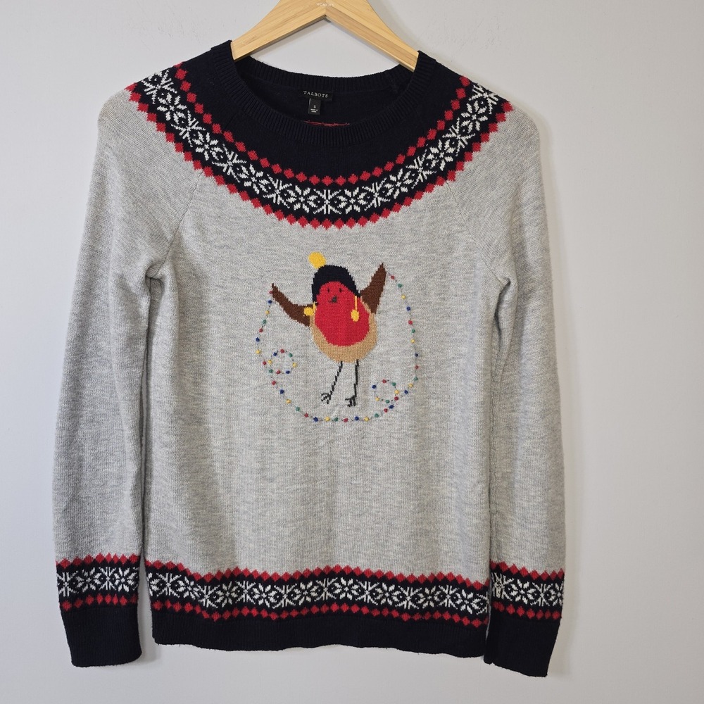 Talbots Holiday Bird Sweater Fair Isle Size S Lambswool Blend Soft Stretch Prep